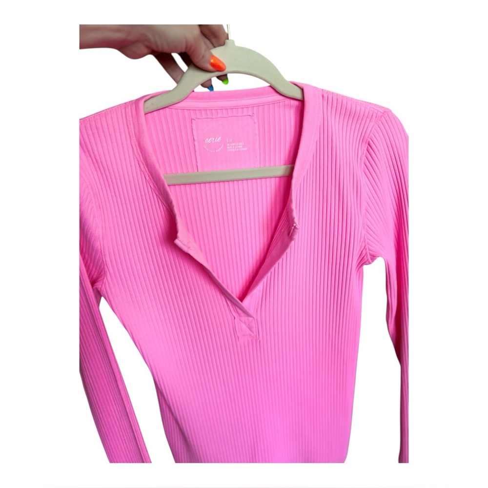 Aerie  Henley  Top Ribbed Long Sleeve Shirt Hot Pink | Small |